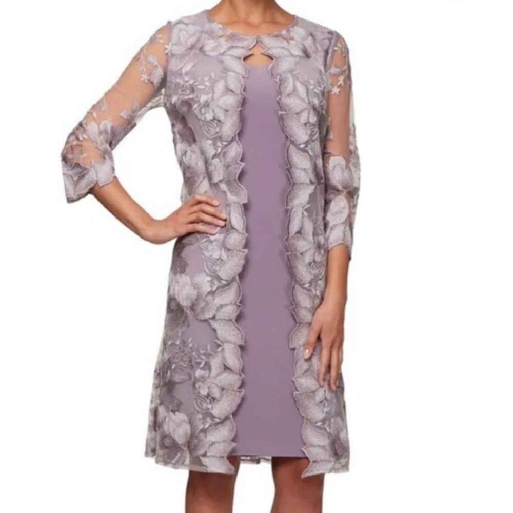 Alex Evenings size 14 Embroidered Lace Mock Jacket Lilac Orchid Sheath Dress